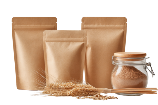 Beige paper pouches and a jar of powder, with wheat sprigs