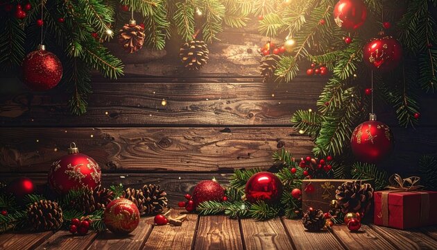 Christmas decoration and ornaments on rustic wooden background. Retro style dark colored picture with light effects