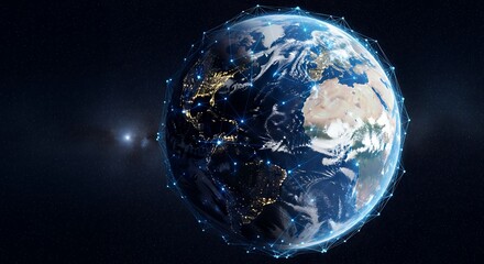 Naklejka premium Global network connection surrounding Earth with digital communication lines linking continents in space technology concept