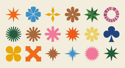 A vibrant set of abstract geometric shapes and icons inspired by 70s groovy and Y2K brutalist aesthetics