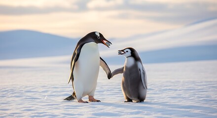 Fototapeta premium Tender moment between a gentoo penguin adult and its fluffy chick holding flippers