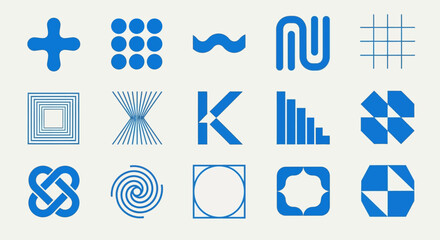 A diverse collection of modern abstract geometric shapes and symbols. Bold minimalist icons and brutalist design elements for contemporary branding and logo creation