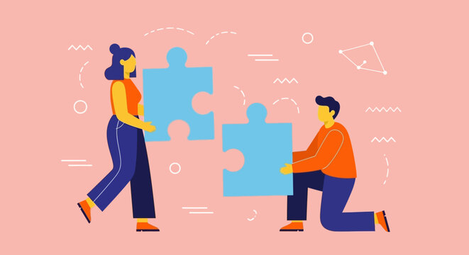 Modern flat illustration of teamwork, with people joining puzzle parts for a successful business solution and partnership concept