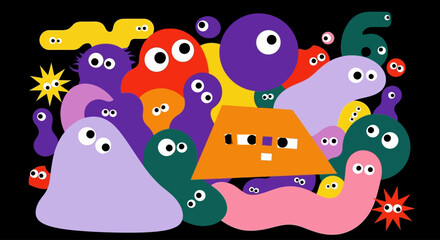 A whimsical digital illustration of a diverse crowd of colorful, abstract monsters and quirky geometric shapes with cartoon eyes