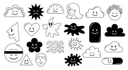 A versatile collection of minimalist comic faces, surreal cartoon mascots, and abstract graphic elements in a bold vector style
