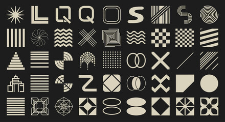 Bold collection of abstract geometric shapes, brutalist symbols, and retro futuristic patterns for modern graphic design