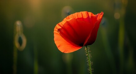 Stunning red poppy in golden light evokes peaceful summer meadow vibes and adds a touch of vibrant elegance to any creative project with its delicate beauty