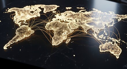 Illuminated global world map with glowing network connections, digital communication points and data transfer lines visualizing international technology, cybersecurity and worldwide connectivity