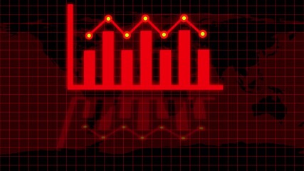 Red Bar Chart and Line Graph Over World Map on Grid Background financial chart data visualization. Dynamic red bar chart and line graph overlaying world map on grid for global business insights. - Powered by Adobe