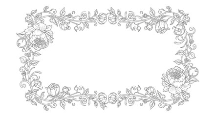 Elegant Rectangular Floral Frame with Blooming Roses and Delicate Leaves, Classic Botanical Border on Isolated White Background