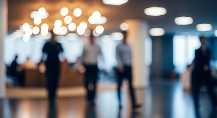Modern corporate office space with business professionals walking, abstract defocused background with group of people, contemporary workspace concept, bright interior lighting, teamwork environment