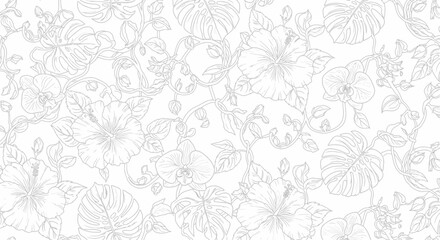 Subtle Seamless Tropical Floral Pattern with Hibiscus, Orchid, and Monstera Leaves, Elegant Botanical Background on White