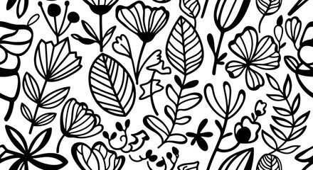 Modern Abstract Seamless Pattern with Stylized Leaves and Botanical Elements, Whimsical Vector Background on Isolated White