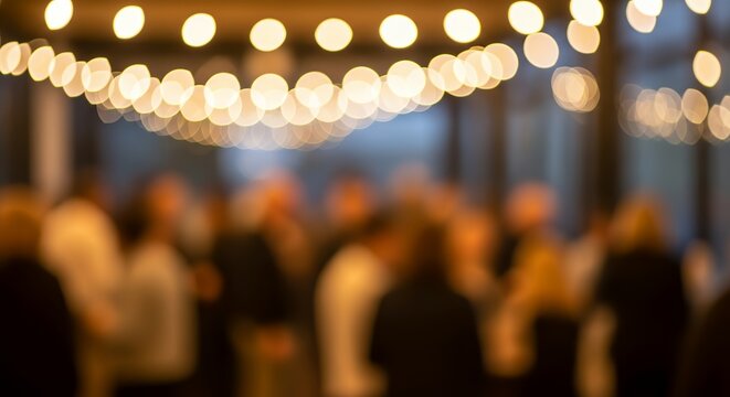 Blurred abstract background of people networking at evening social event with warm string lights, festive ambience, bokeh effect, indoor celebration, business gathering, professional reception