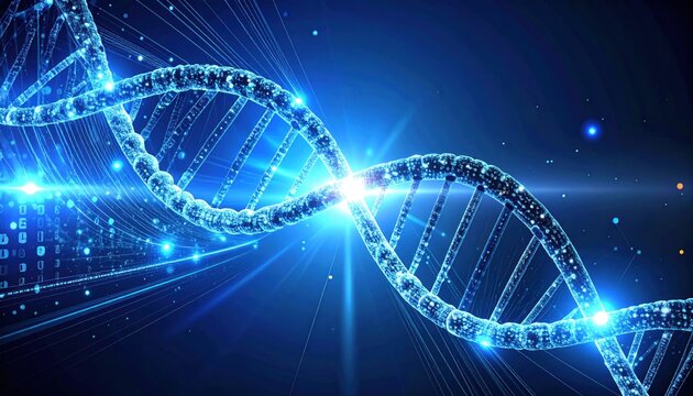 Digital illustration showcases a glowing DNA strand surrounded by dynamic data streams, symbolizing cutting-edge technology in genetic research and bioinformatics