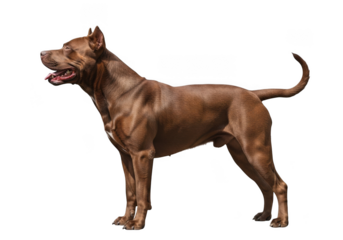 Full body image of a brown pitbull dog standing alert with mouth open, tongue out, and tail up - isolated on transparent background