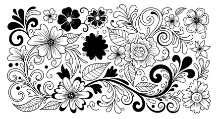 Seamless Pattern with Bold Black and White Stylized Flowers and Swirling Vines on Isolated White Background