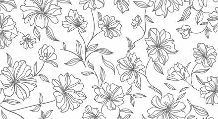 Simple Seamless Floral Pattern with Outlines of Various Flowers and Leaves on Isolated White Background