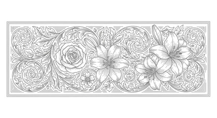 Elegant Horizontal Floral Border Design with Roses Lilies and Swirling Foliage on Isolated White Background