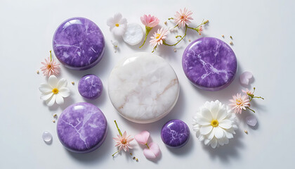 Elegant Spa Composition with Zen Purple and White Stones and Delicate Flowers on White Background.