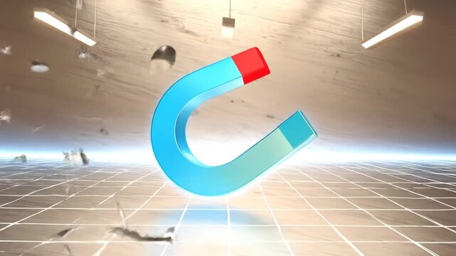 A vibrant U-shaped magnet with red and blue colors surrounded by floating particles. Grid floor. Lit from above