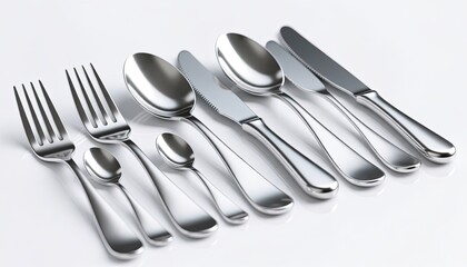 Collection of polished stainless steel cutlery arranged neatly isolated on white background