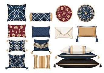 Collection of various decorative pillows and cushions with different shapes, patterns, and textures.