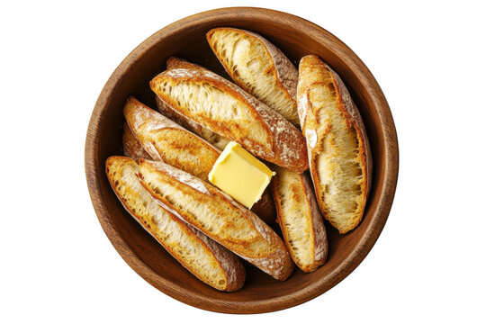 Top view fresh baguette bread slices in wooden bowl with butter, bakery food stock photo, isolated on transparent background