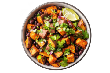 Delicious sweet potato and black bean salad with cilantro lime dressing recipe, healthy meal prep, isolated on transparent background