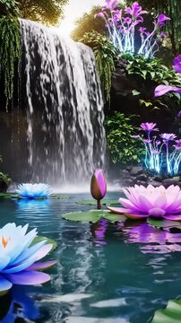 Waterfall Flowing into Pond with Lily Pads and Flowers Serene Outdoor Nature Scene