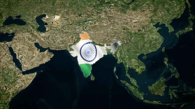 World map zoom into India, showing surrounding nations and Indian flag animation