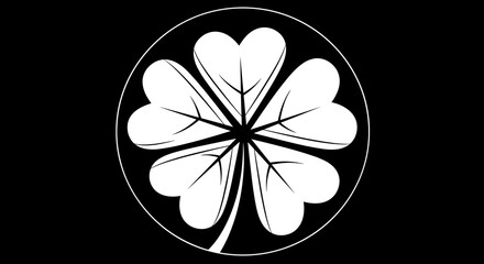 A stylized white four-leaf clover graphic inside a thin white circle on a solid black background