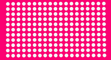 A vibrant fuchsia pink background featuring a perfectly aligned, repeating grid of numerous small white circles