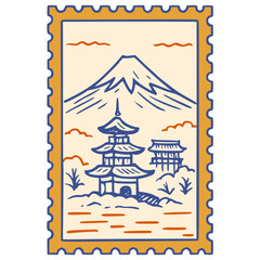 Mount Fuji Japan postage stamp line art vector icon