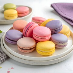 Obraz premium Colorful French Macarons assortment with pastel shades and creamy filling, elegant sweet meringue cookies, gourmet bakery dessert food photography 