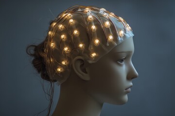 Innovative neural interface shown on a mannequin head illuminated by glowing LED lights embodying the convergence of technology and human cognition in a modern design concept