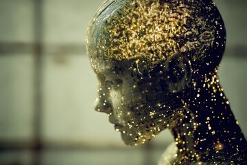 Naklejka premium Exploring the Depths of Artificial Intelligence Through a Mesmerizing Human-Like Figure Made of Circuitry and Light Reflecting Innovation Progress and Future Concepts