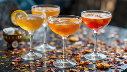 Colorful cocktails in coupe glasses with festive confetti for a New Year's celebration