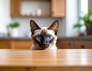 A close-up of a Siamese cat with striking blue eyes, at table