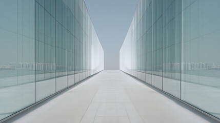 Fototapeta premium A minimalist architectural corridor lined with glass walls, leading to a distant horizon under a clear sky.