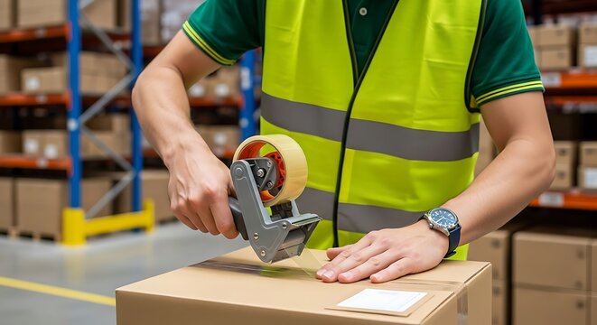 Warehouse Worker Sealing a Cardboard Box with Tape Dispenser.