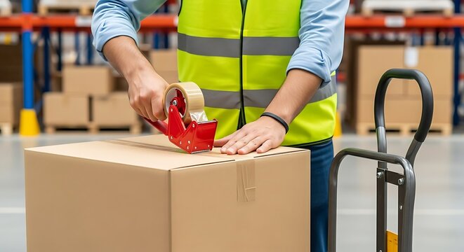 Warehouse Worker Taping a Box for Shipping in a Distribution Center.