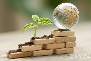 Nurturing Growth Through Sustainable Practices with Young Plant Emerging From Soil Blocks Next to Glass Globe Representing Earth and Environmental Awareness in a Natural Setting