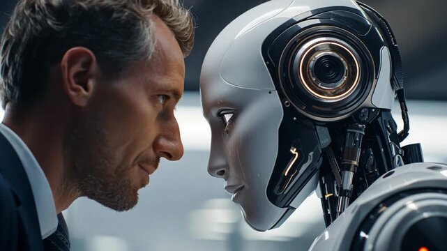 Human and AI Face to Face: A close-up encounter between a human and an advanced AI, their gazes locked in a moment of technological and existential reflection.