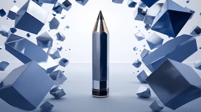 A graphite pencil, standing center, surrounded by geometric blue, sharp-edged crystal-like shapes