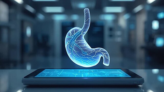 Human Stomach Hologram: A stunningly detailed, glowing holographic projection of the human stomach hovers above a sleek tablet, set against a backdrop suggesting advanced medical technology.