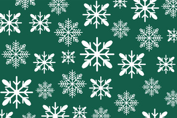 Seamless pattern of various sized white snowflakes on a deep forest green background. High-contrast vector ideal for Christmas backgrounds, winter wrapping paper, and holiday design.