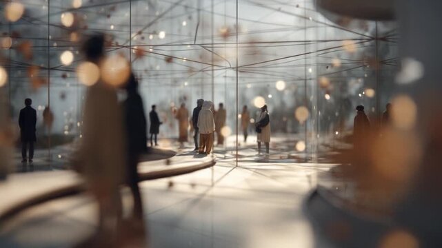 Digital Maze of Humanity: A captivating digital depiction unfolds, a labyrinth of interconnected lines and soft glows. Silhouetted figures navigate this intricate world.