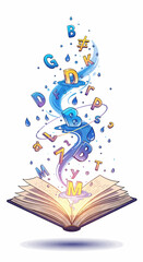 Vibrant cartoon illustration featuring an open book from which colorful 3D alphabet letters and liquid droplets magically float upwards, symbolizing knowledge, education, and inspiration