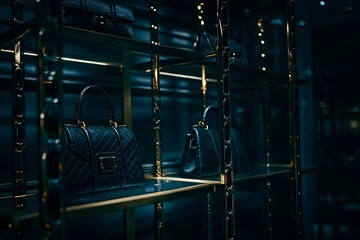 Elegant black leather handbags displayed on golden shelves in a luxury boutique store